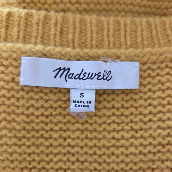 Madewell ChunkyCable Knit Baubles Sleeve Merino Wool Sweater Mustard Yellow Sz S - Picture 5 of 7